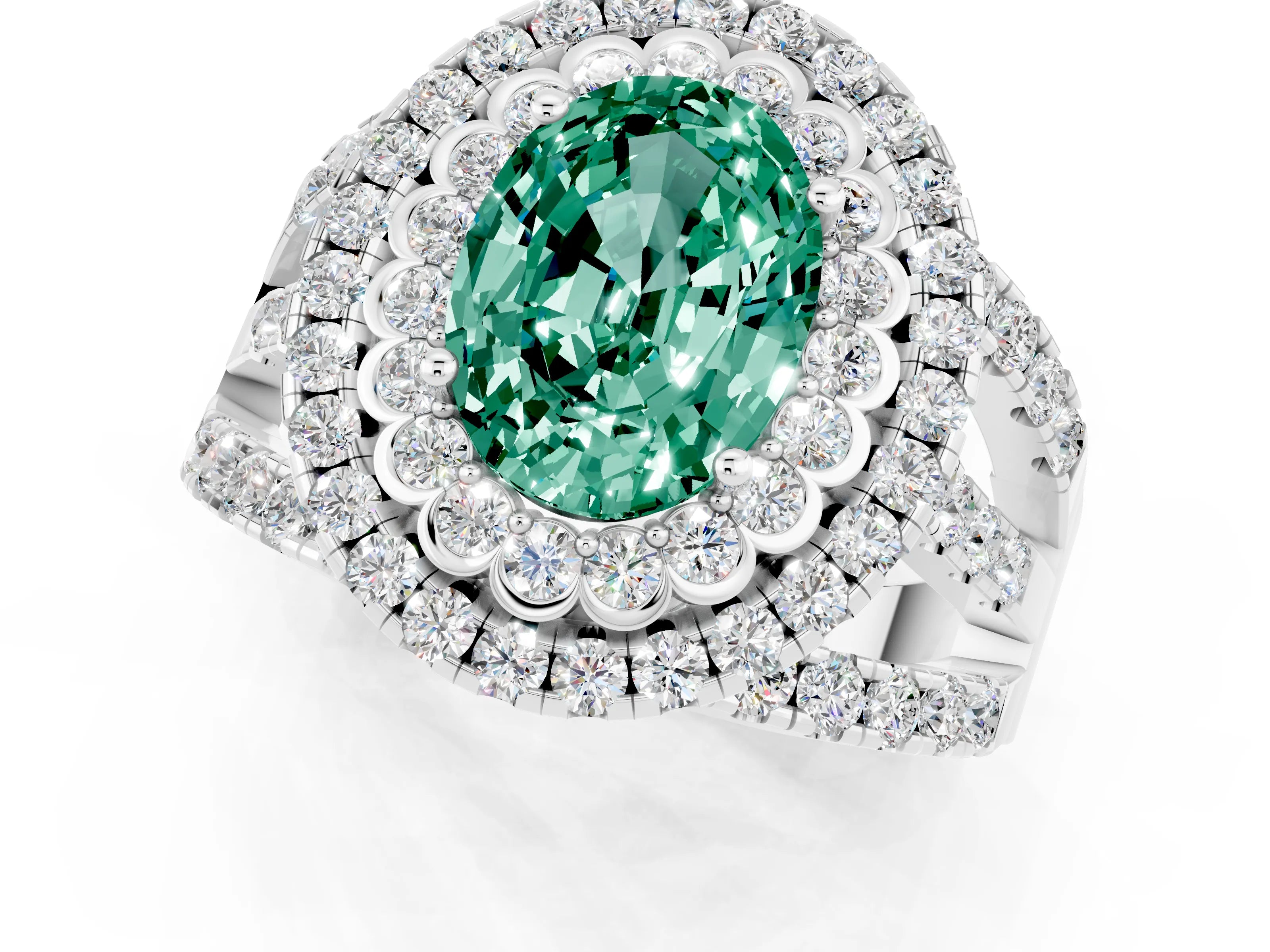 White gold Double Halo Oval Cut Diamond Split Shank Pave Set Ring_1