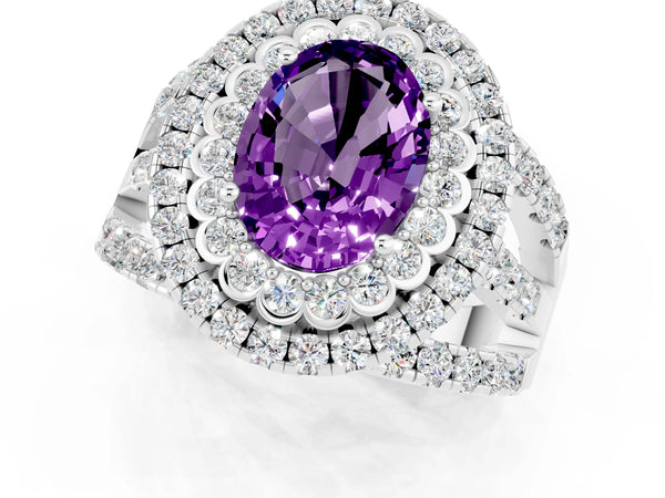 White gold Oval Cut Amethyst Double Halo Ring with Round Pavé Split Shank and Prong Setting