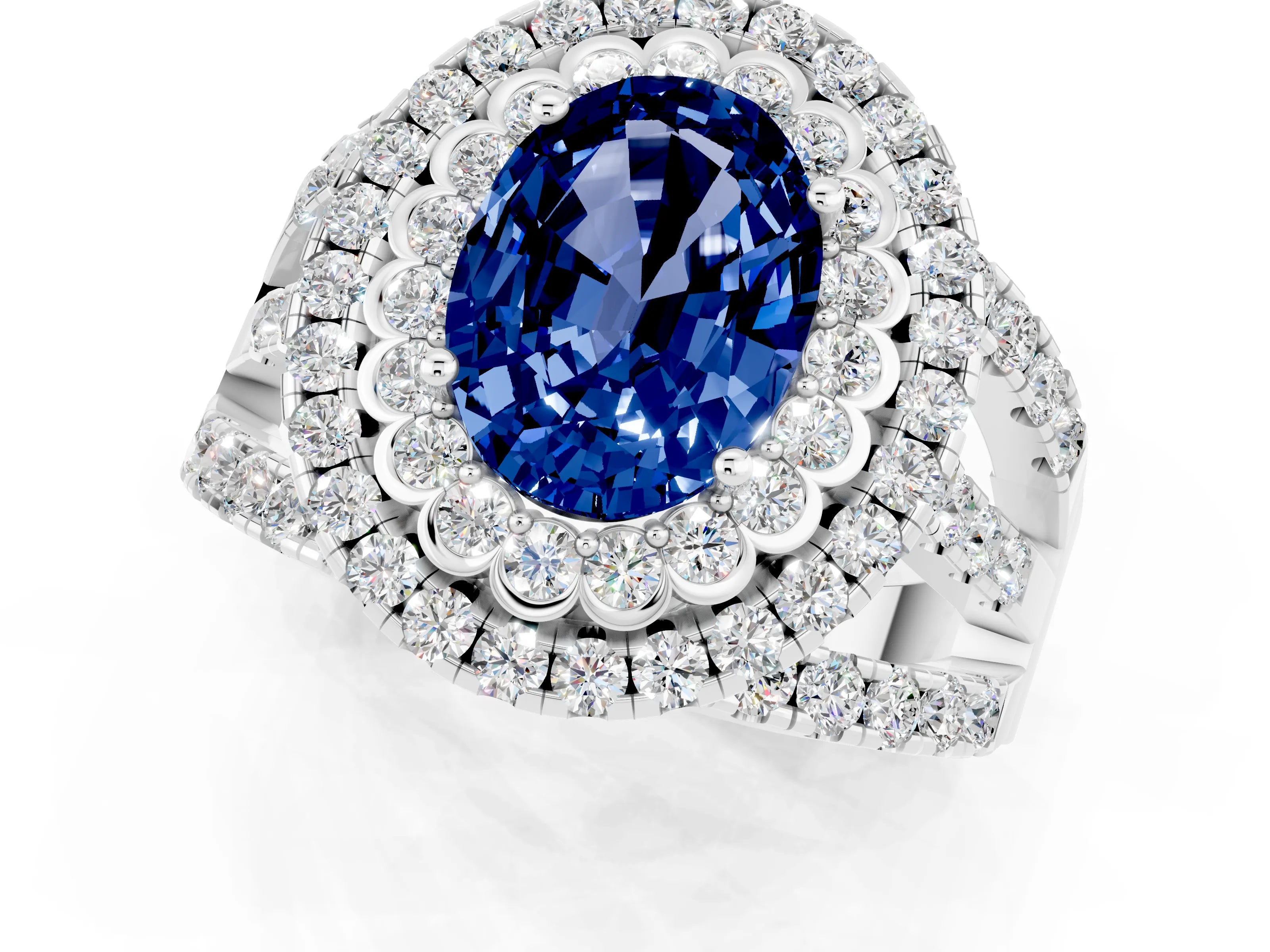White gold Double Halo Oval Cut Diamond Split Shank Pave Set Ring_1