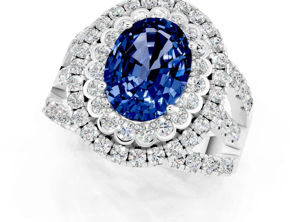 Silver Double Halo Oval Cut Diamond Split Shank Pave Set Ring