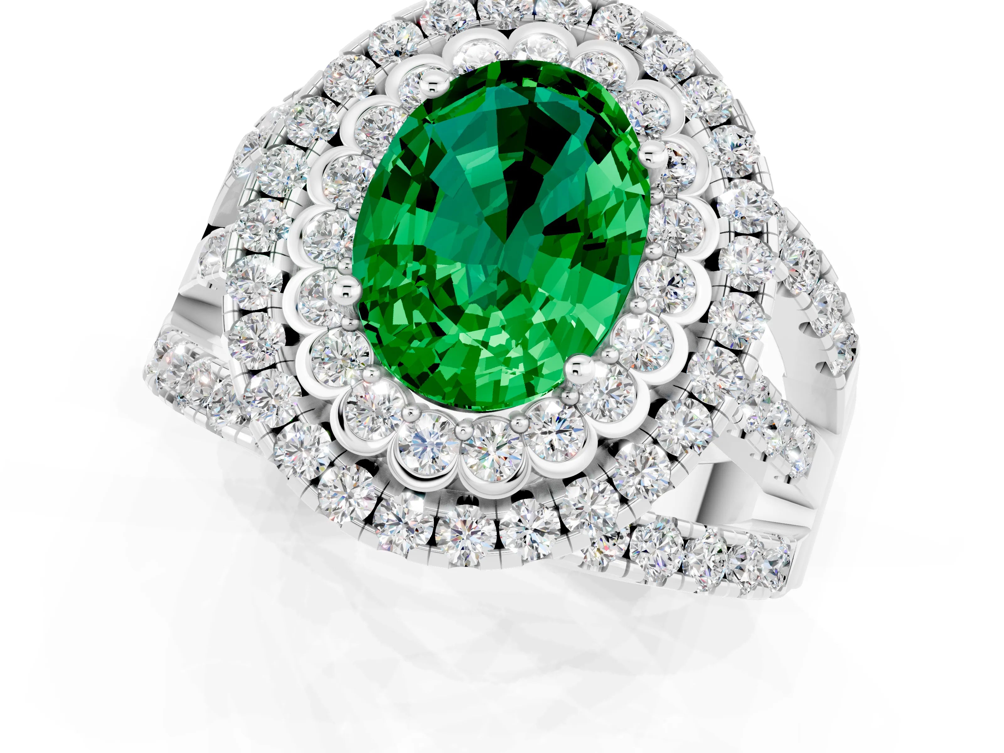 White gold Double Halo Oval Cut Diamond Split Shank Pave Set Ring_1