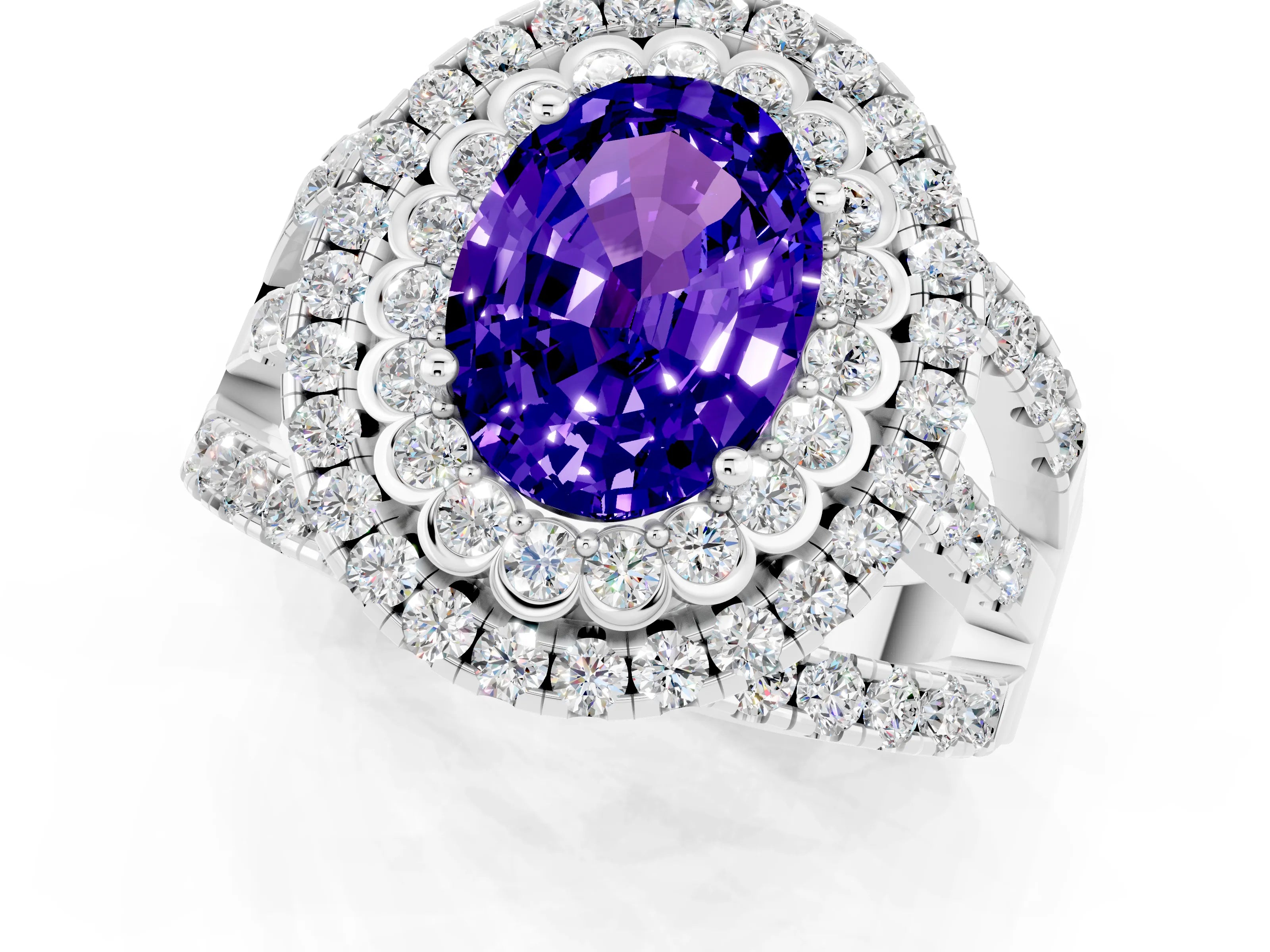 White gold Double Halo Oval Cut Diamond Split Shank Pave Set Ring_1