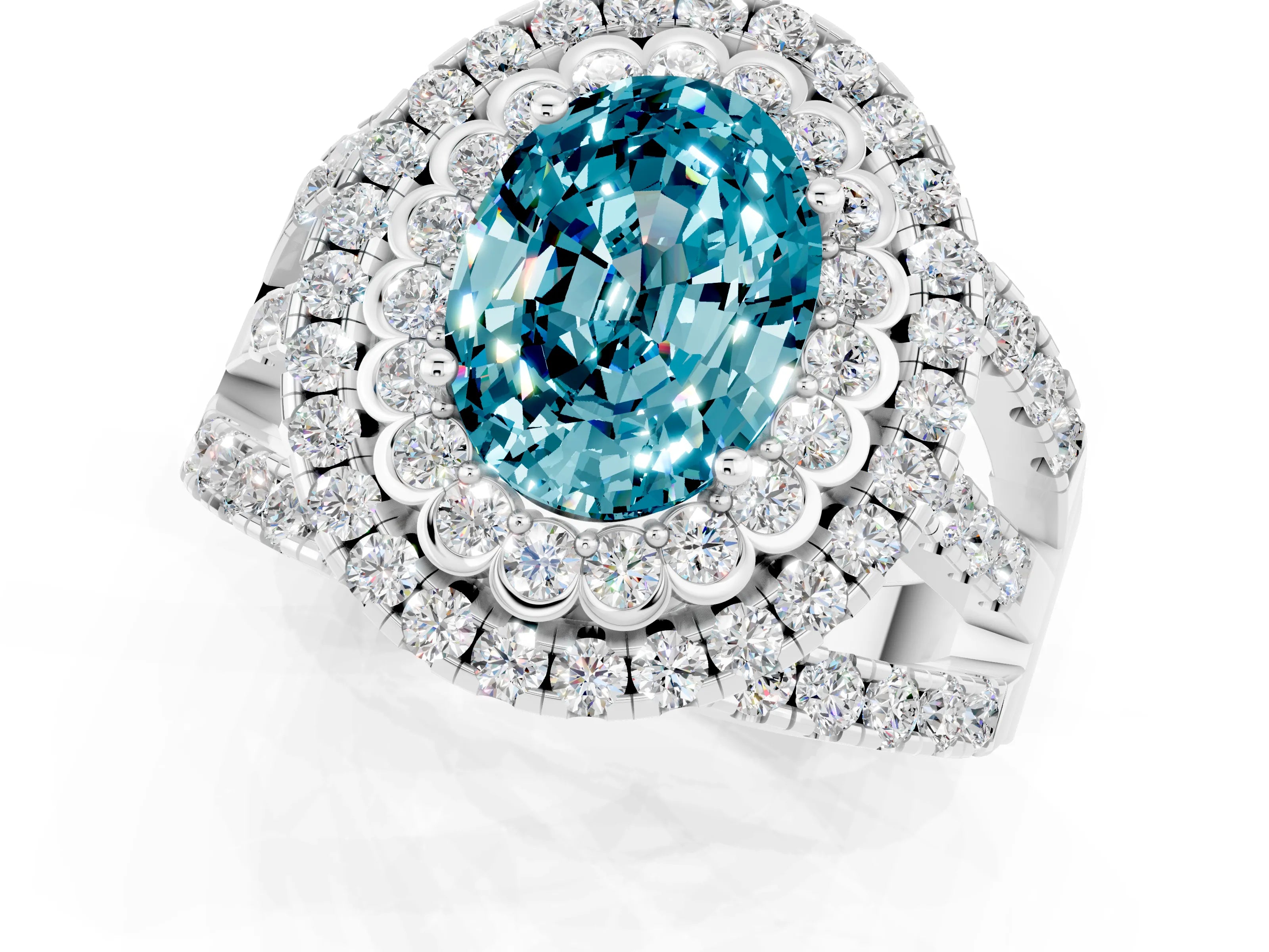 White gold Double Halo Oval Cut Diamond Split Shank Pave Set Ring_1