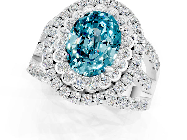 Platinum Double Halo Oval Cut Diamond Split Shank Pave Set Ring