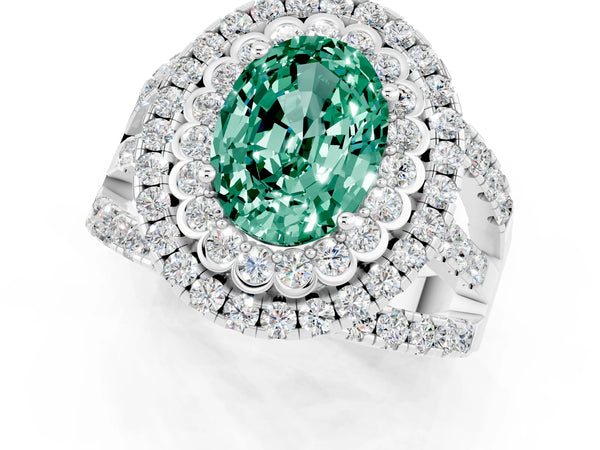 Platinum Oval Cut Green Sapphire Double Halo Ring with Round Pavé Split Shank and Prong Setting