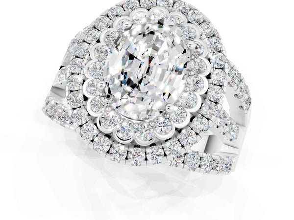 Silver Oval Cut Moissanite Double Halo Ring with Round Pavé Split Shank and Prong Setting