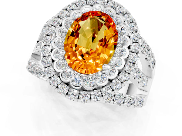 Platinum Oval Cut Citrine Double Halo Ring with Round Pavé Split Shank and Prong Setting