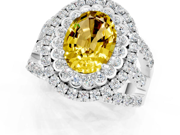 Platinum Oval Cut Yellow Sapphire Double Halo Ring with Round Pavé Split Shank and Prong Setting