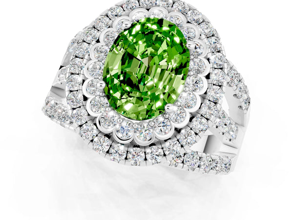 Silver Double Halo Oval Cut Diamond Split Shank Pave Set Ring