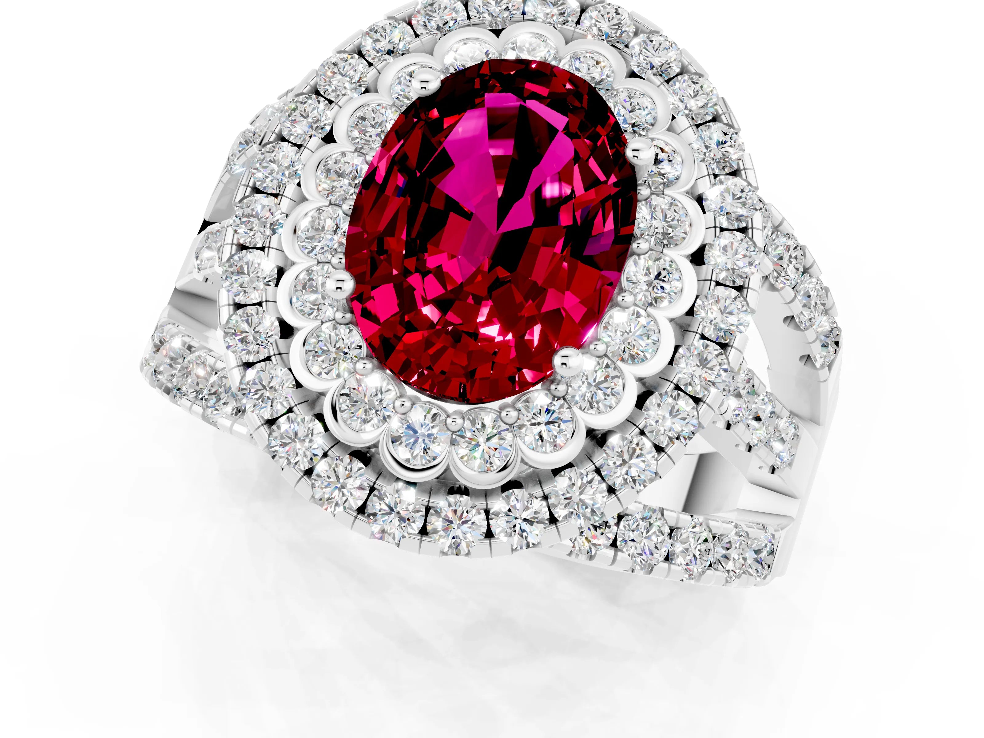 White gold Double Halo Oval Cut Diamond Split Shank Pave Set Ring_1