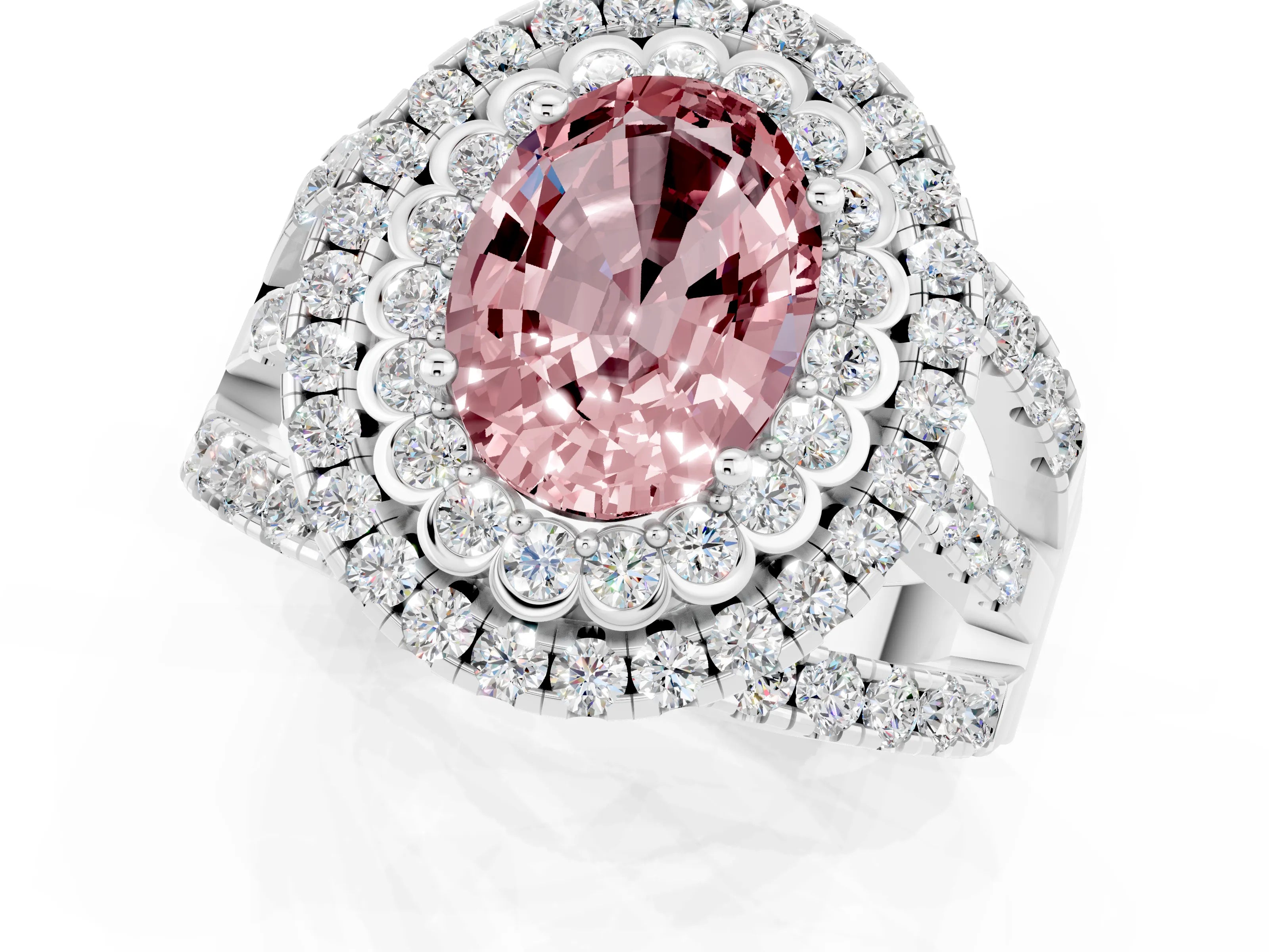 White gold Double Halo Oval Cut Diamond Split Shank Pave Set Ring_1