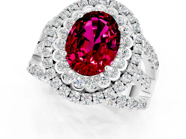 Platinum Oval Cut Garnet Double Halo Ring with Round Pavé Split Shank and Prong Setting