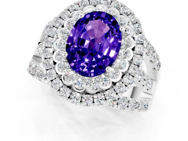 Silver Oval Cut Tanzanite Double Halo Ring with Round Pavé Split Shank and Prong Setting
