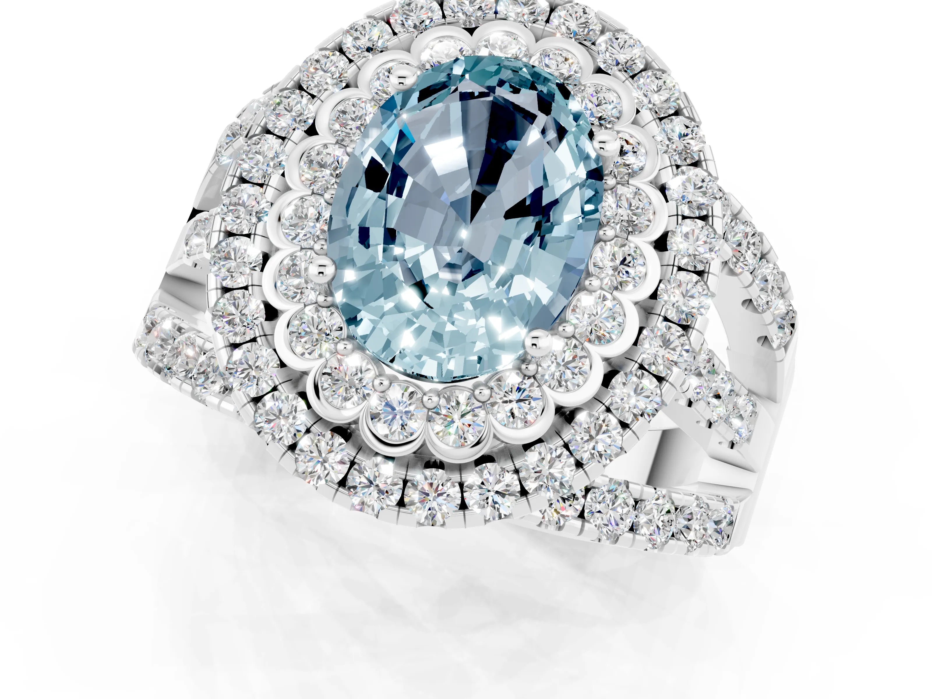 White gold Double Halo Oval Cut Diamond Split Shank Pave Set Ring_1