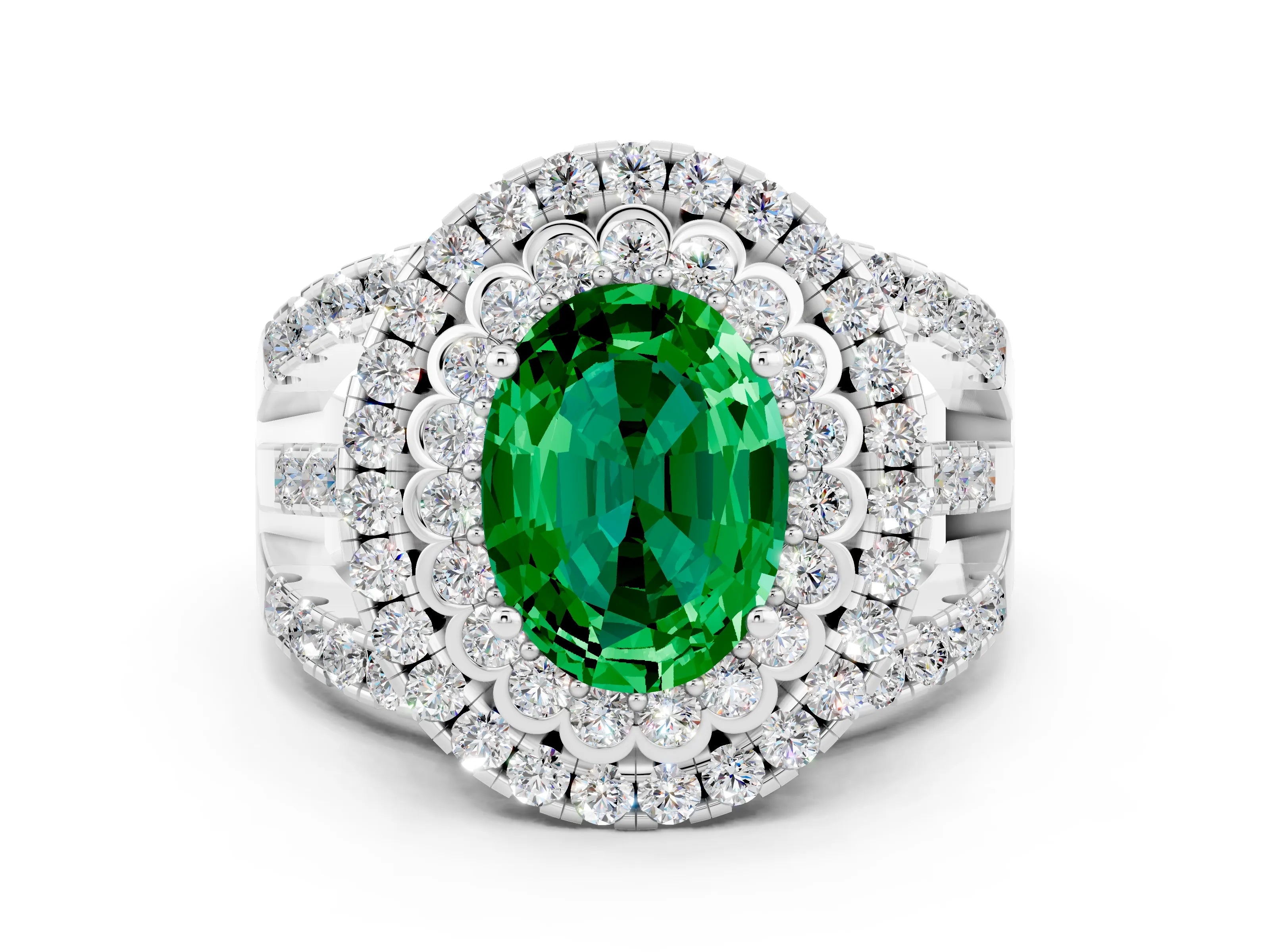 White gold Double Halo Oval Cut Diamond Split Shank Pave Set Ring