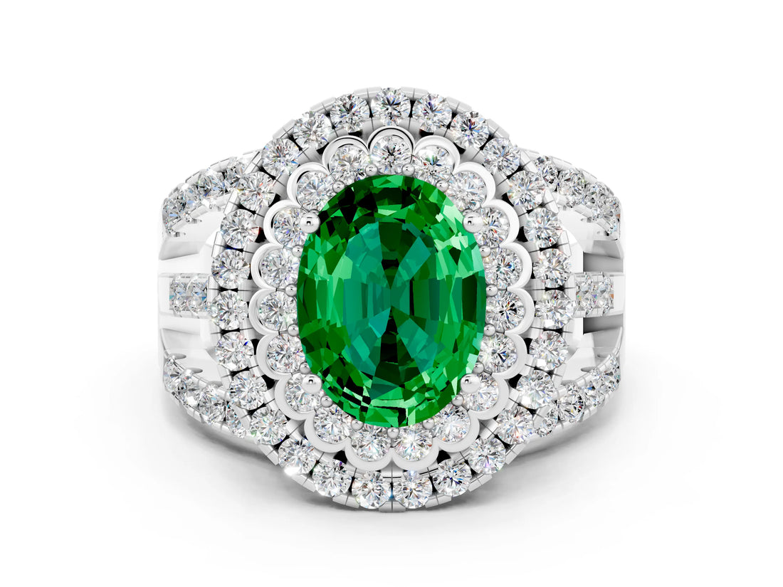 White gold Double Halo Oval Cut Diamond Split Shank Pave Set Ring