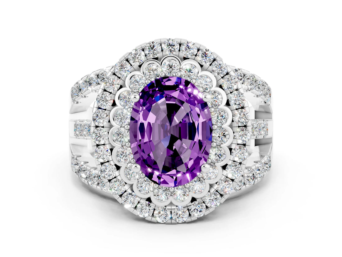 White gold Double Halo Oval Cut Diamond Split Shank Pave Set Ring