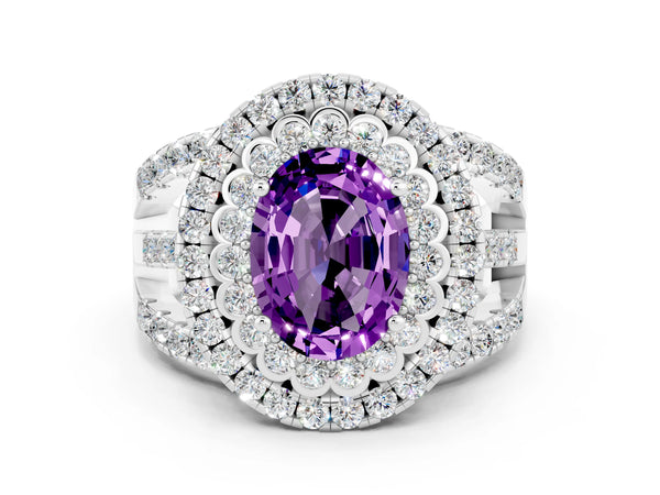 White gold Oval Cut Amethyst Double Halo Ring with Round Pavé Split Shank and Prong Setting