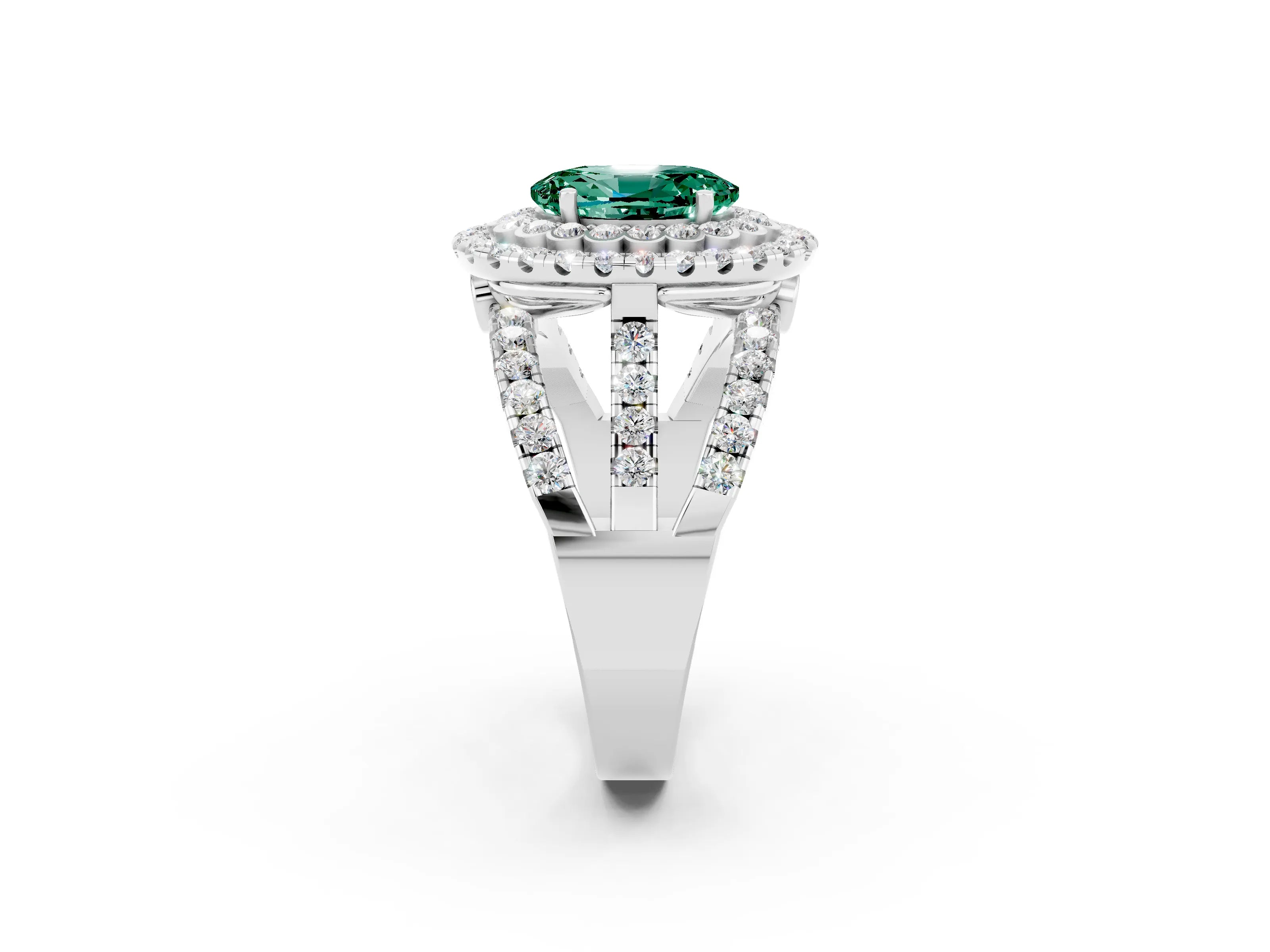 White gold Double Halo Oval Cut Diamond Split Shank Pave Set Ring_2