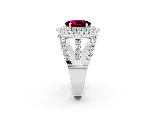 Platinum Oval Cut Garnet Double Halo Ring with Round Pavé Split Shank and Prong Setting