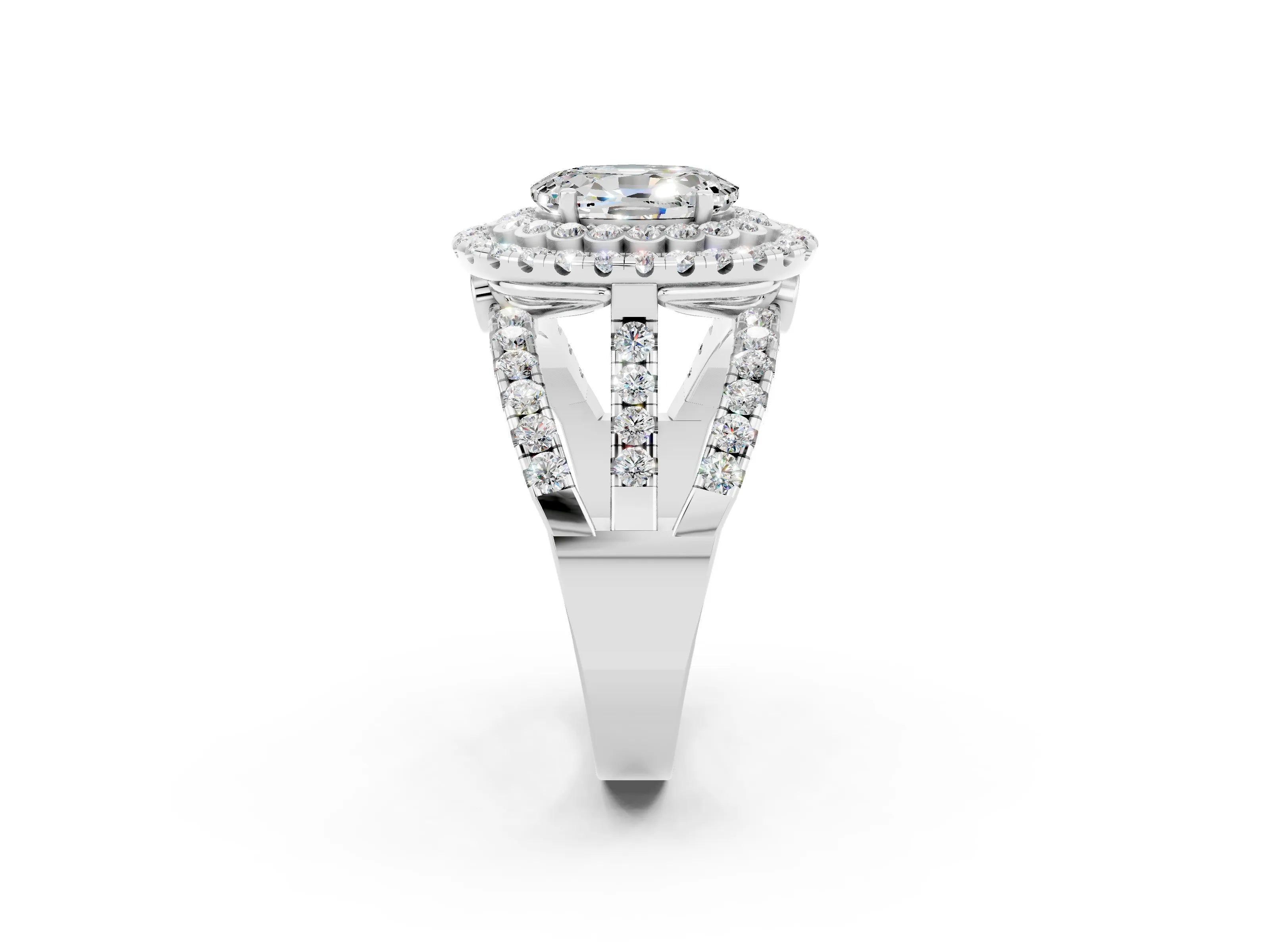 White gold Double Halo Oval Cut Diamond Split Shank Pave Set Ring_2
