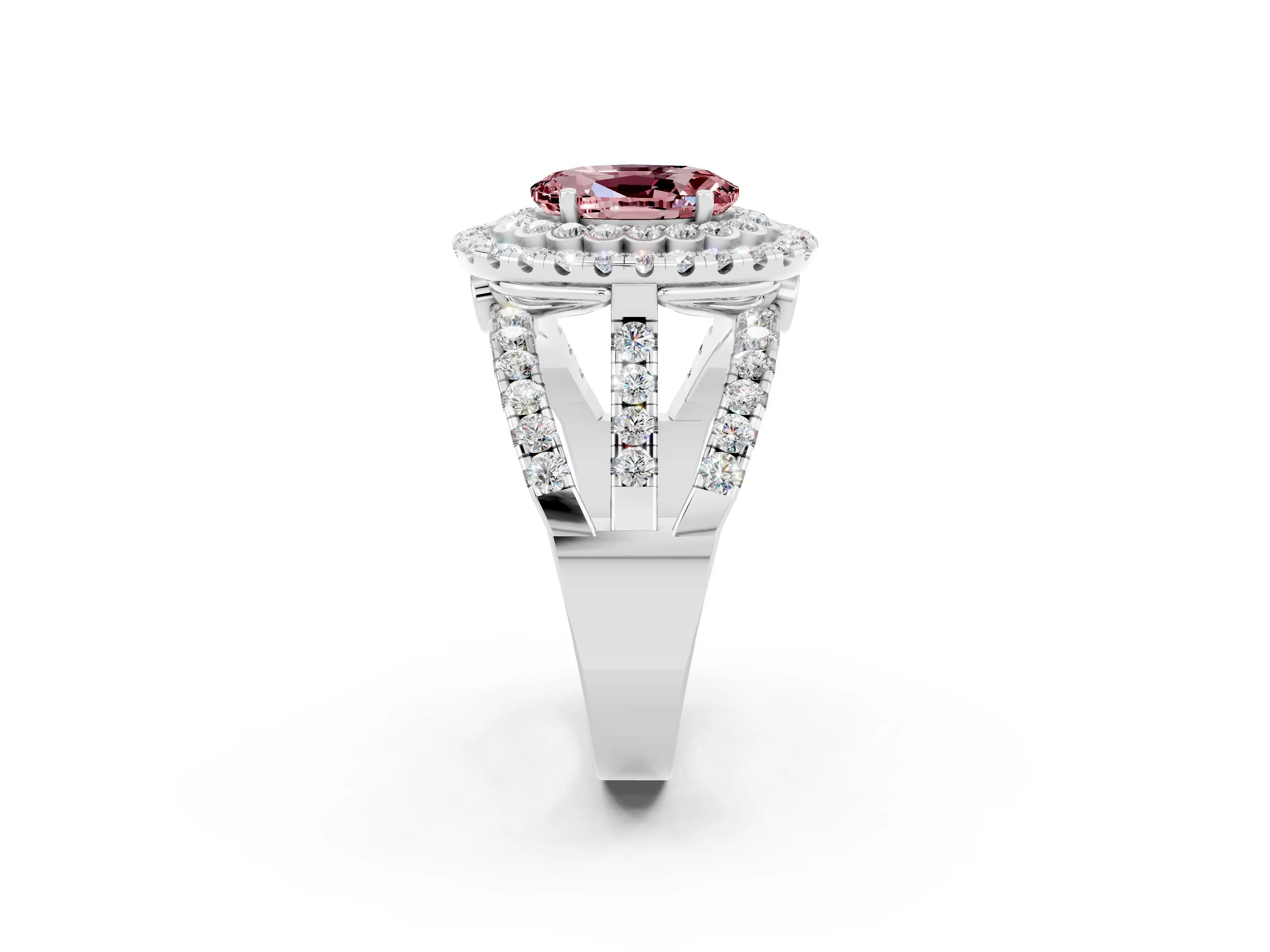 White gold Double Halo Oval Cut Diamond Split Shank Pave Set Ring_2