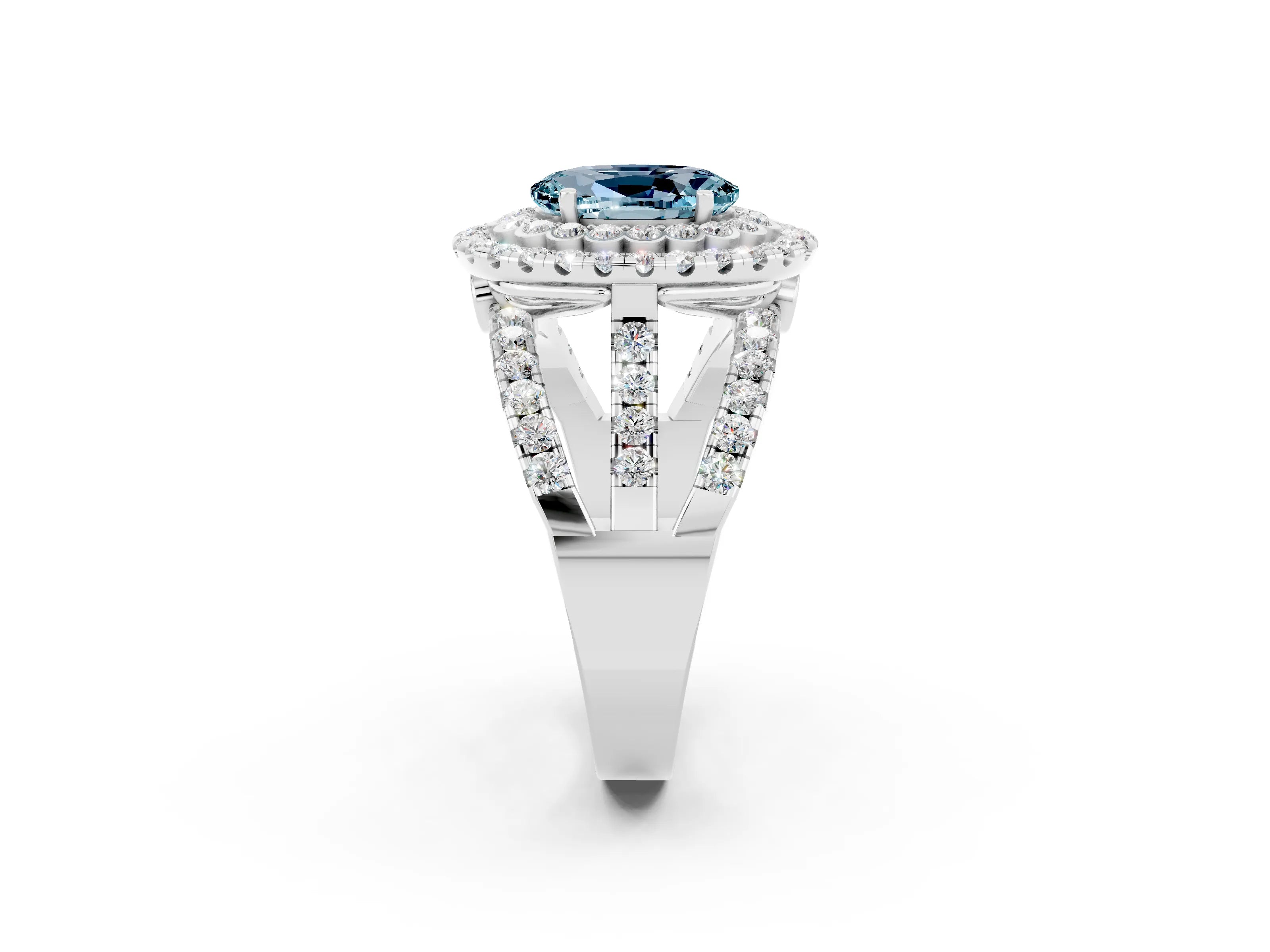 White gold Double Halo Oval Cut Diamond Split Shank Pave Set Ring_2