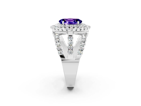 White gold Oval Cut Tanzanite Double Halo Ring with Round Pavé Split Shank and Prong Setting