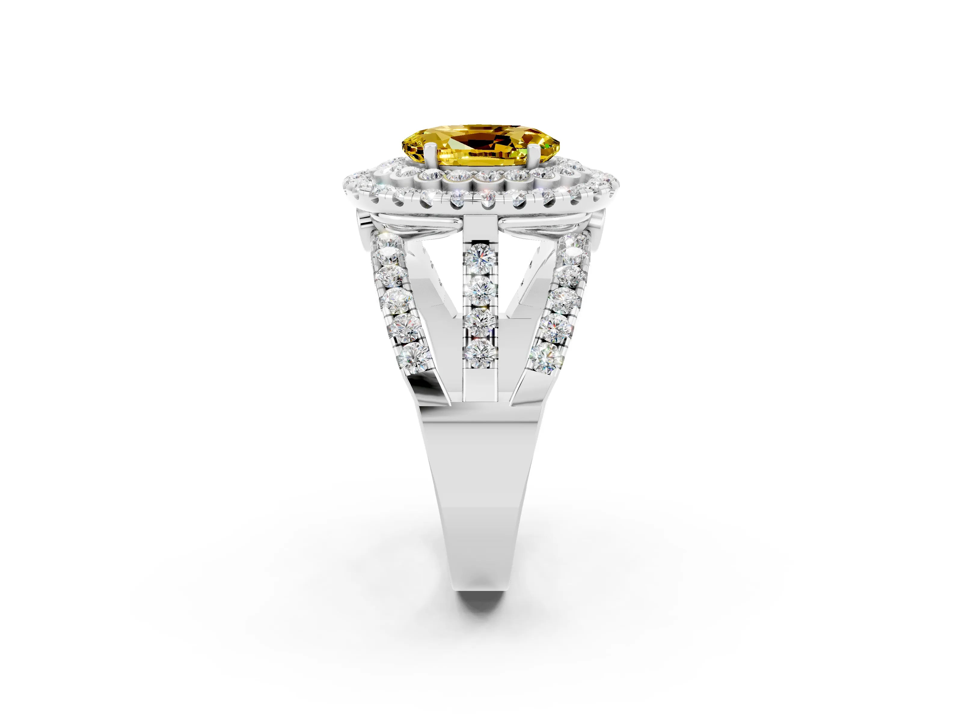 White gold Double Halo Oval Cut Diamond Split Shank Pave Set Ring_2