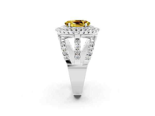 White gold Oval Cut Yellow Sapphire Double Halo Ring with Round Pavé Split Shank and Prong Setting