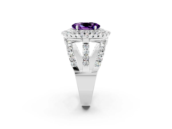 White gold Oval Cut Amethyst Double Halo Ring with Round Pavé Split Shank and Prong Setting