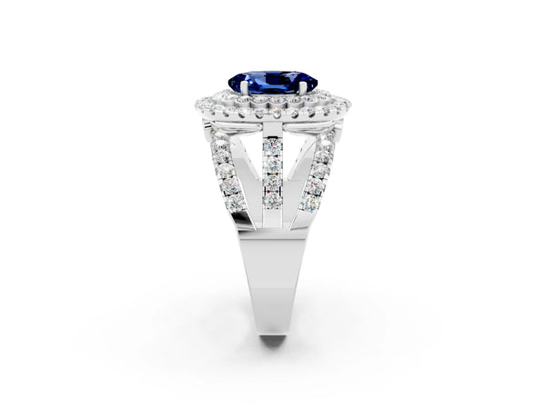Silver Double Halo Oval Cut Diamond Split Shank Pave Set Ring
