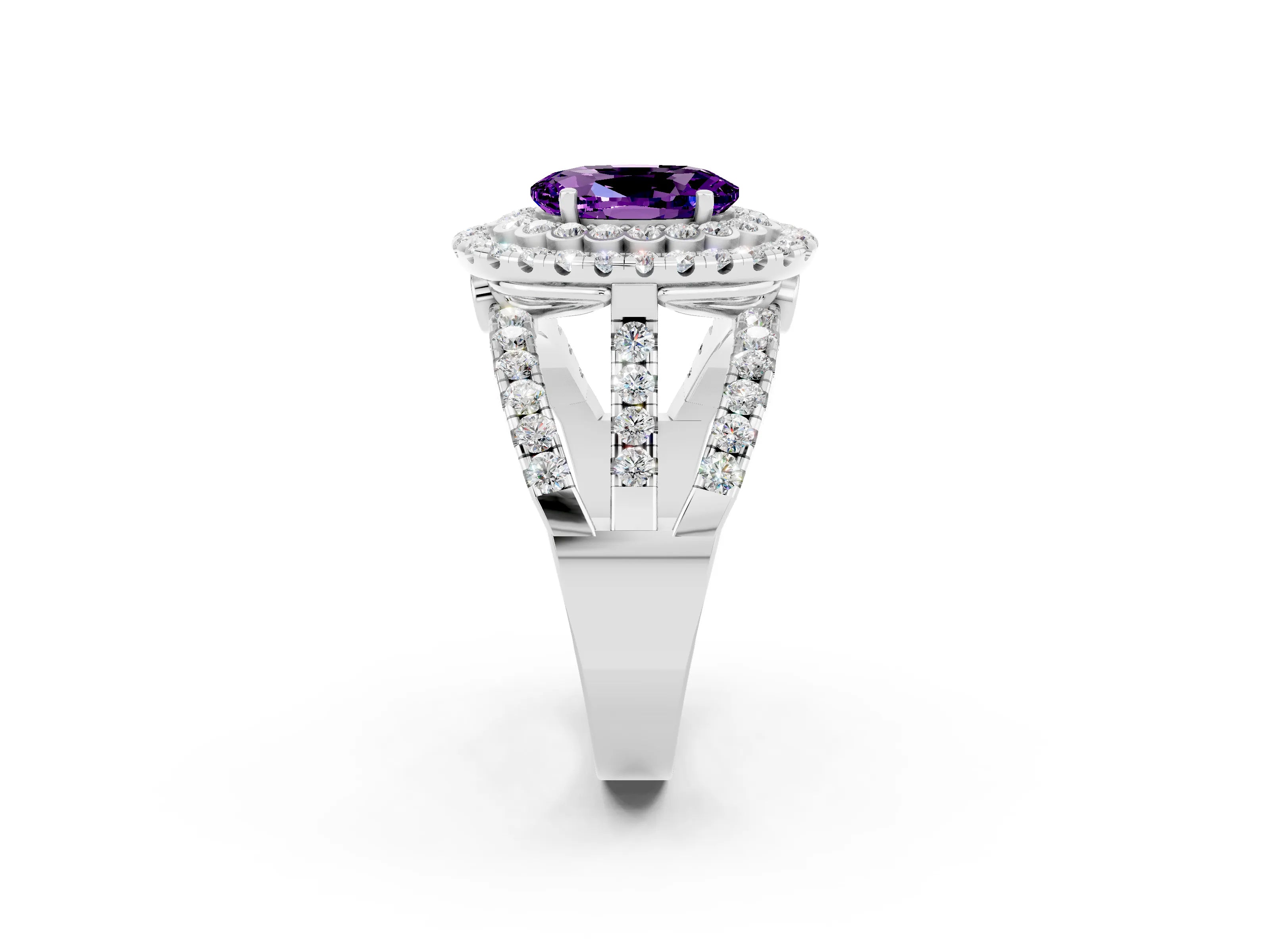 White gold Double Halo Oval Cut Diamond Split Shank Pave Set Ring_2