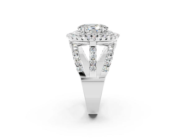 Silver Oval Cut Moissanite Double Halo Ring with Round Pavé Split Shank and Prong Setting