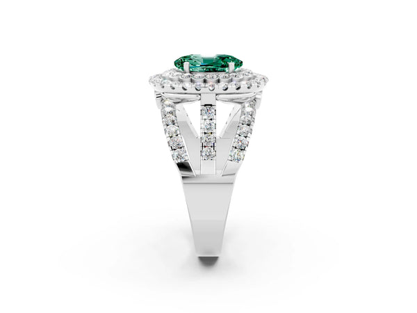 Platinum Oval Cut Green Sapphire Double Halo Ring with Round Pavé Split Shank and Prong Setting