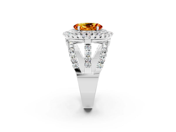Platinum Oval Cut Citrine Double Halo Ring with Round Pavé Split Shank and Prong Setting