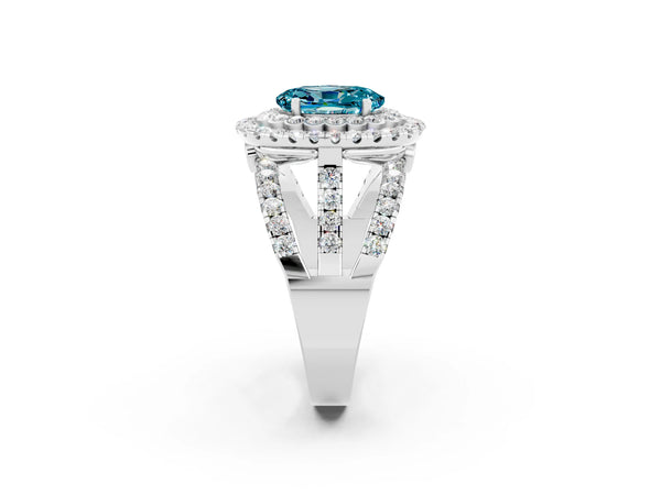 Silver Double Halo Oval Cut Diamond Split Shank Pave Set Ring