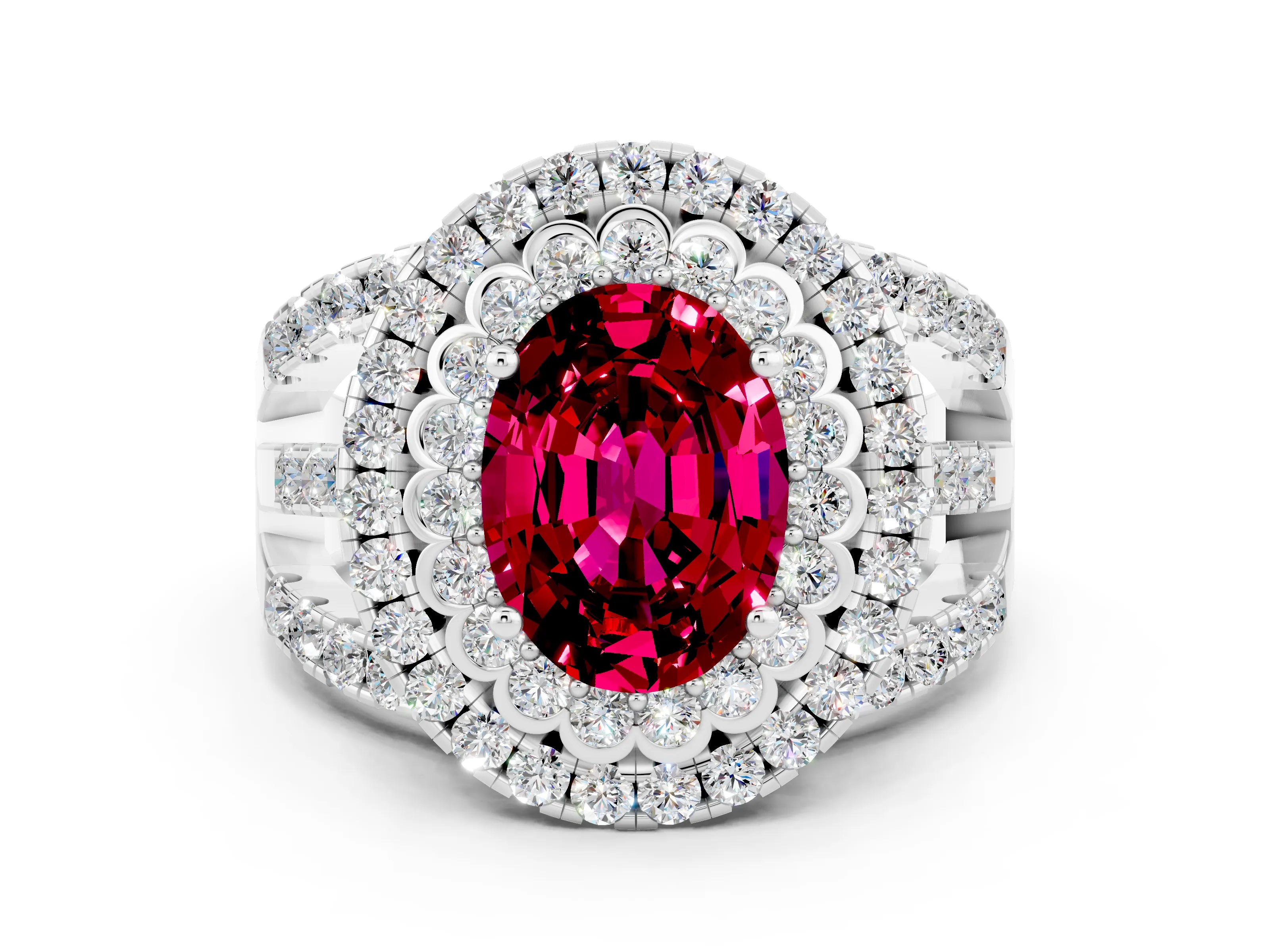 White gold Double Halo Oval Cut Diamond Split Shank Pave Set Ring