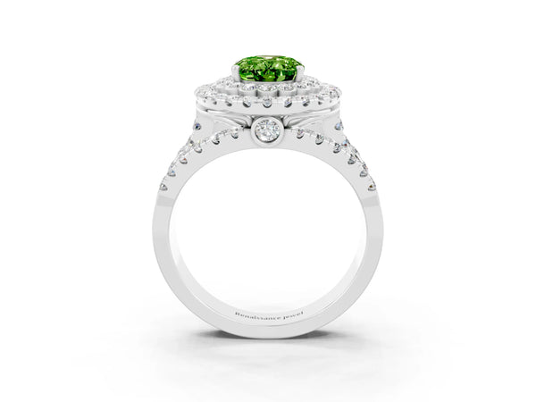 Silver Double Halo Oval Cut Diamond Split Shank Pave Set Ring