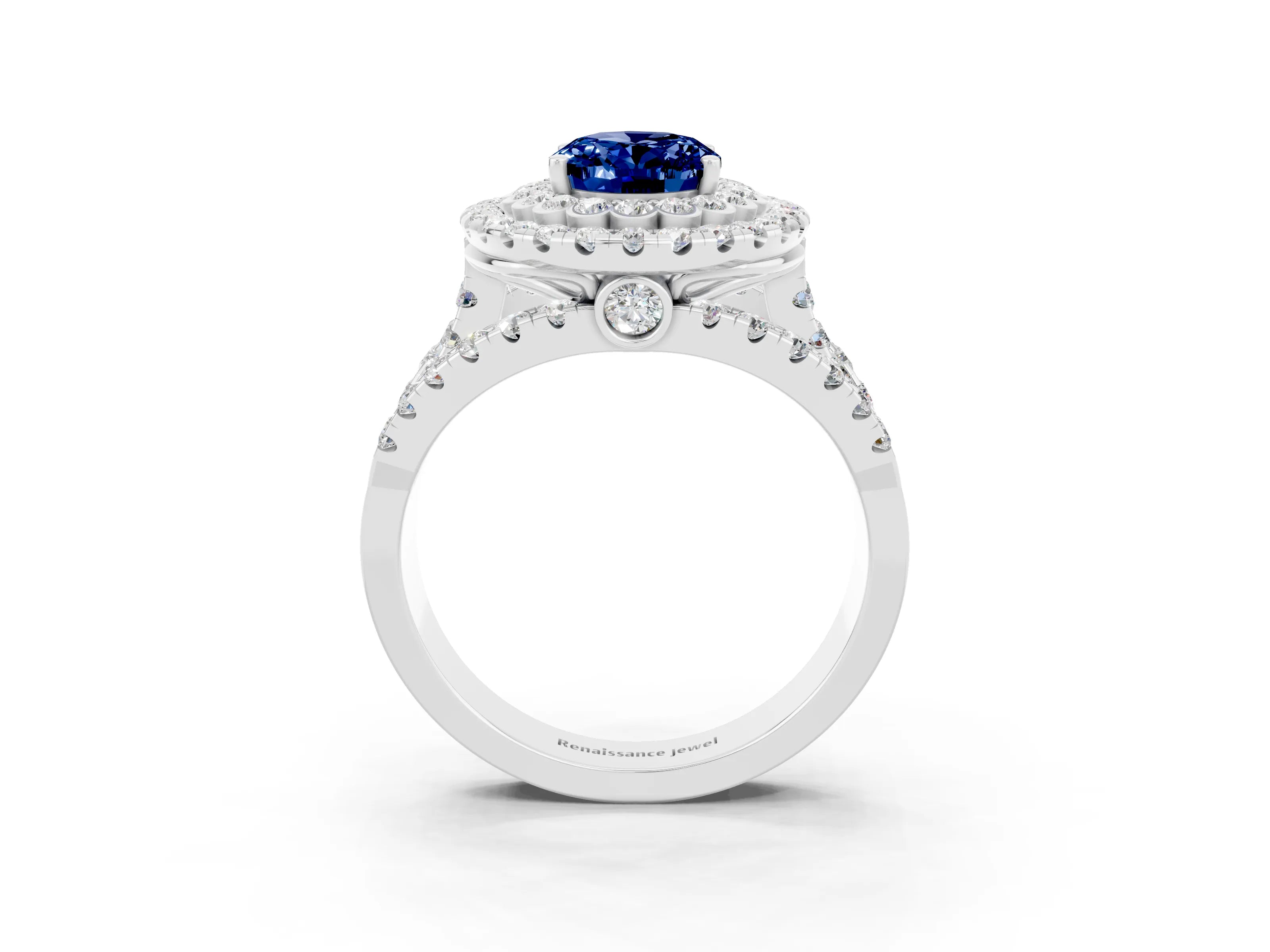 White gold Double Halo Oval Cut Diamond Split Shank Pave Set Ring_3