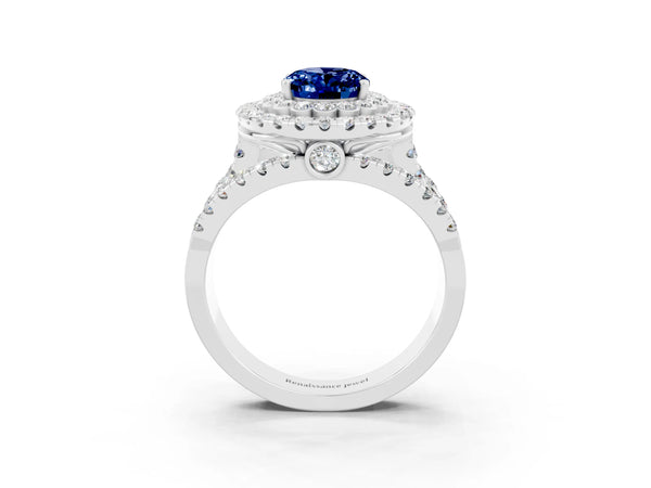 Silver Double Halo Oval Cut Diamond Split Shank Pave Set Ring