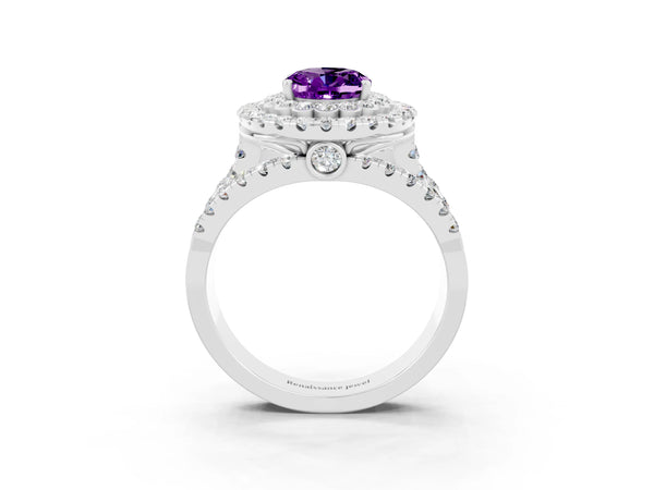 White gold Oval Cut Amethyst Double Halo Ring with Round Pavé Split Shank and Prong Setting