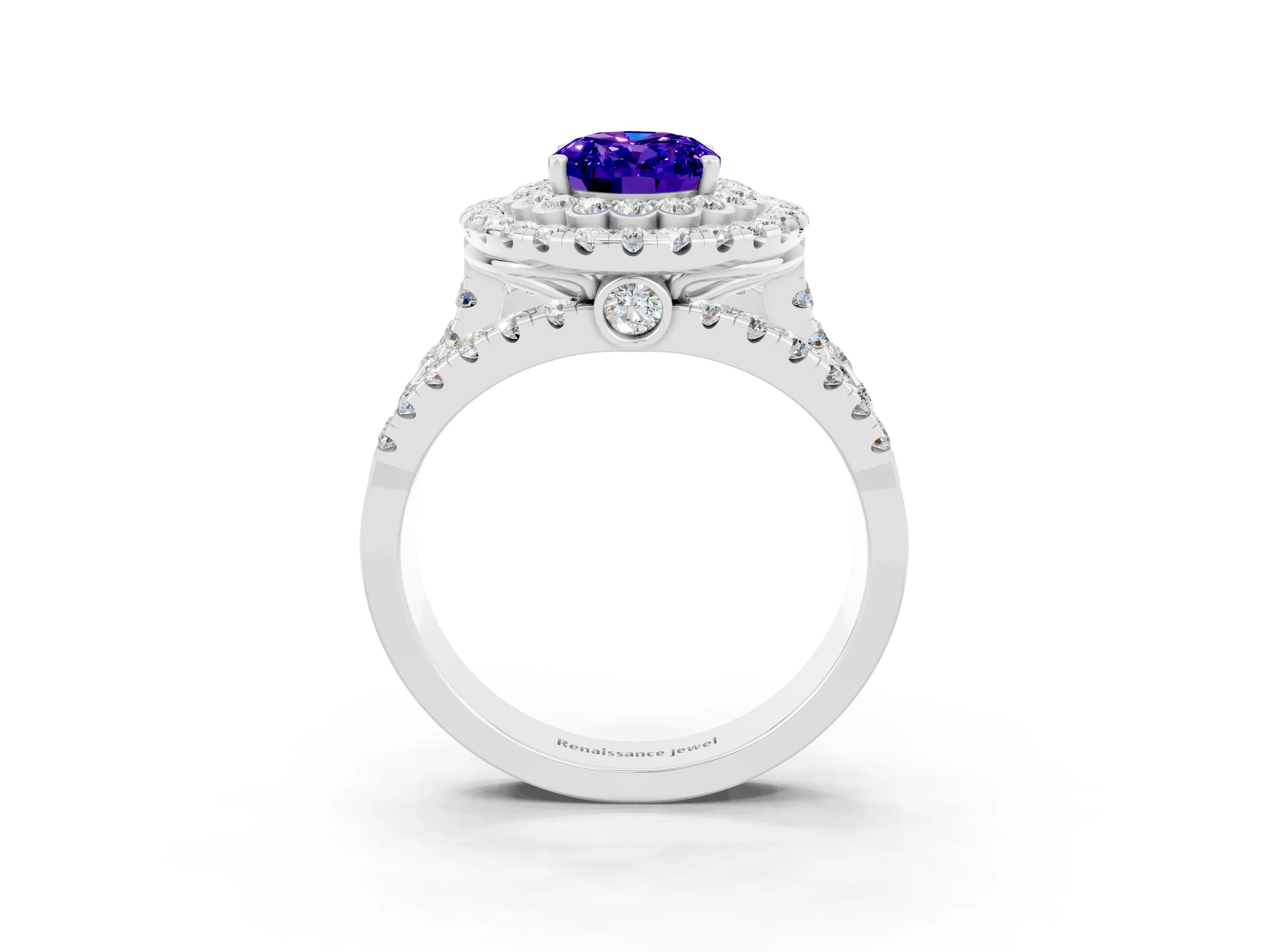 White gold Double Halo Oval Cut Diamond Split Shank Pave Set Ring_3