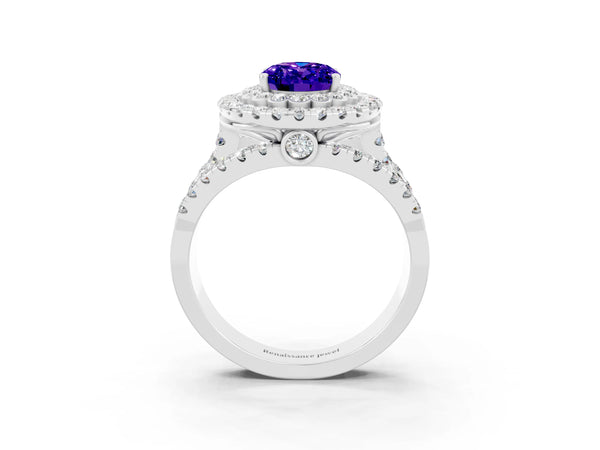 Platinum Oval Cut Tanzanite Double Halo Ring with Round Pavé Split Shank and Prong Setting
