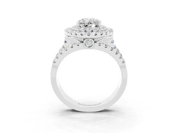 Silver Oval Cut Moissanite Double Halo Ring with Round Pavé Split Shank and Prong Setting