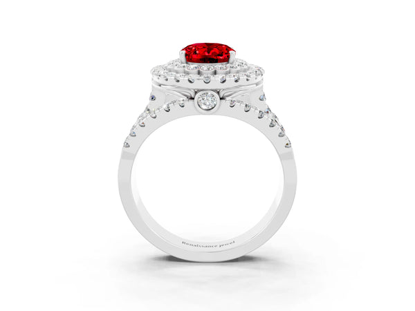 White gold Double Halo Oval Cut Diamond Split Shank Pave Set Ring