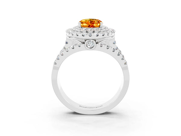 Silver Oval Cut Citrine Double Halo Ring with Round Pavé Split Shank and Prong Setting