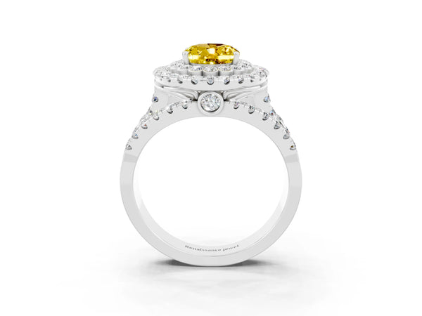Silver Oval Cut Yellow Sapphire Double Halo Ring with Round Pavé Split Shank and Prong Setting