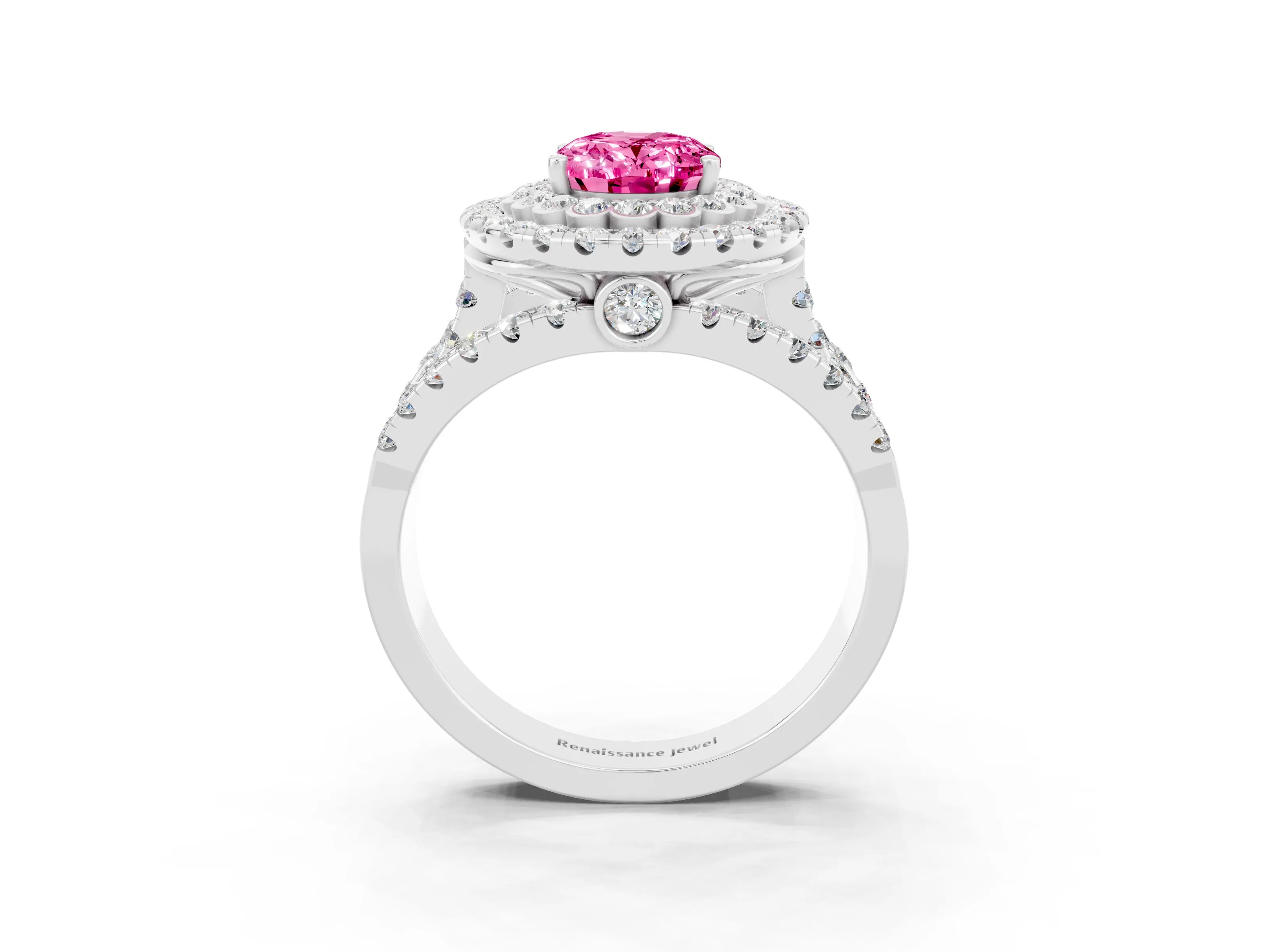 White gold Double Halo Oval Cut Diamond Split Shank Pave Set Ring_3