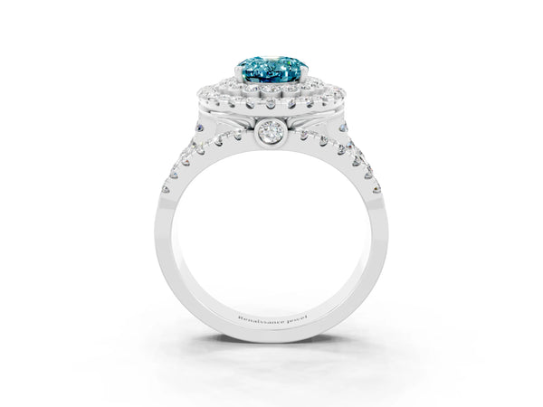 White gold Double Halo Oval Cut Diamond Split Shank Pave Set Ring